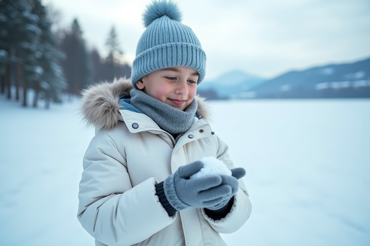 Adolescent en parka blanc et bonnet bleu sur lac gelé