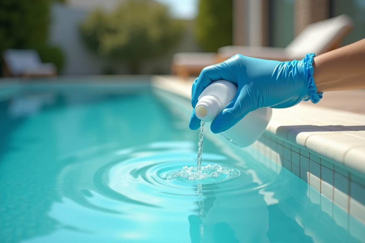 Main gantée ajoutant du chlore liquide à la piscine