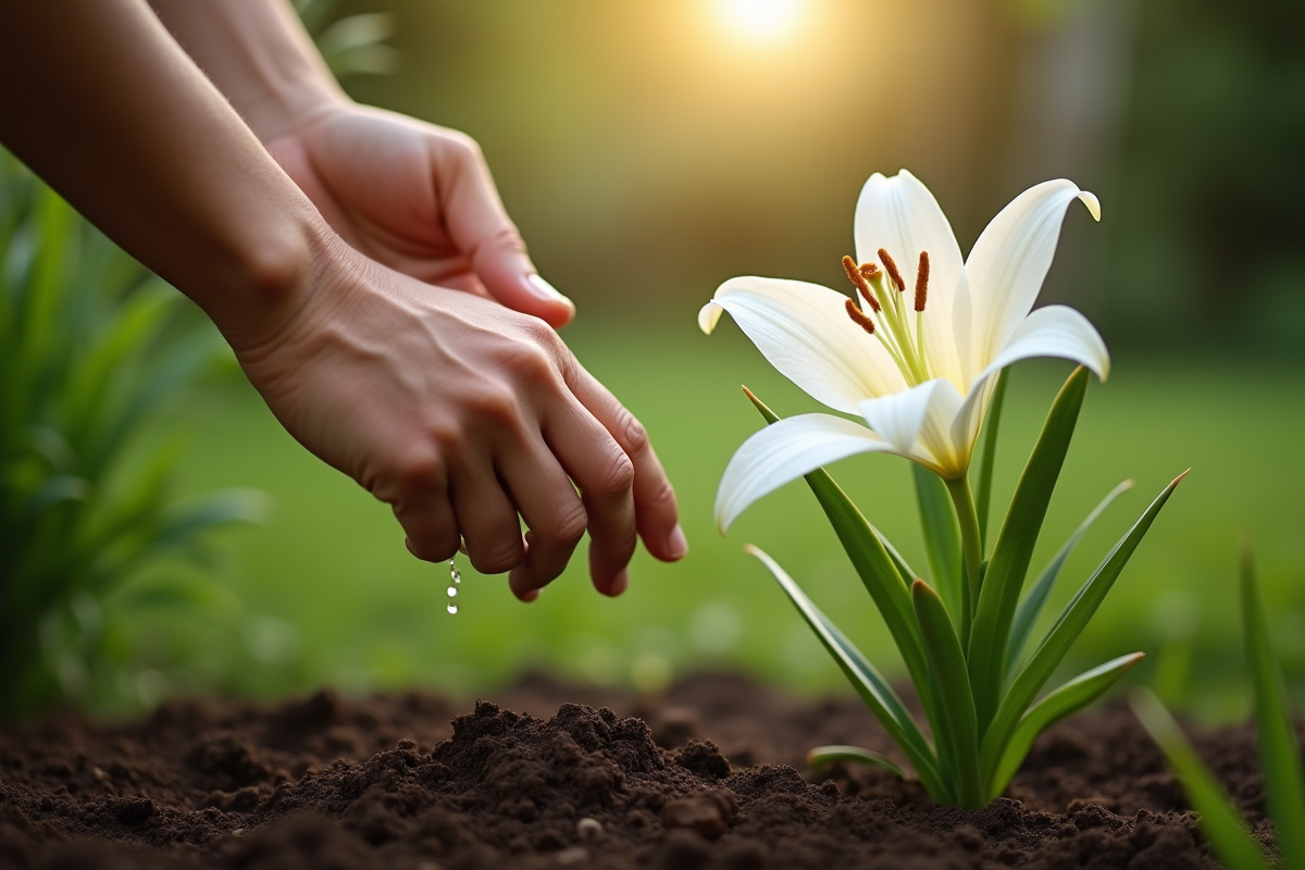 Personne ajoutant de l'engrais autour d'une lys blanche en jardin