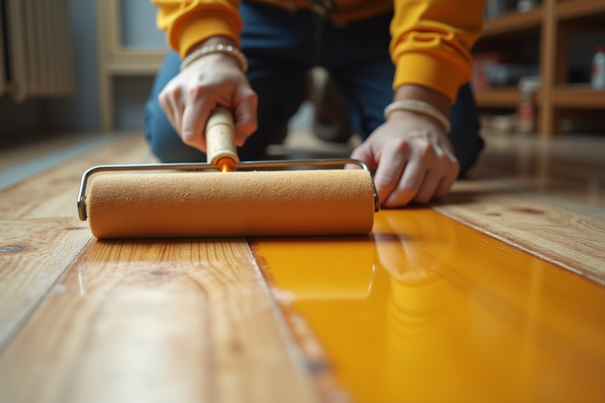 Main d’un ouvrier appliquant du vernis sur le parquet en gros plan