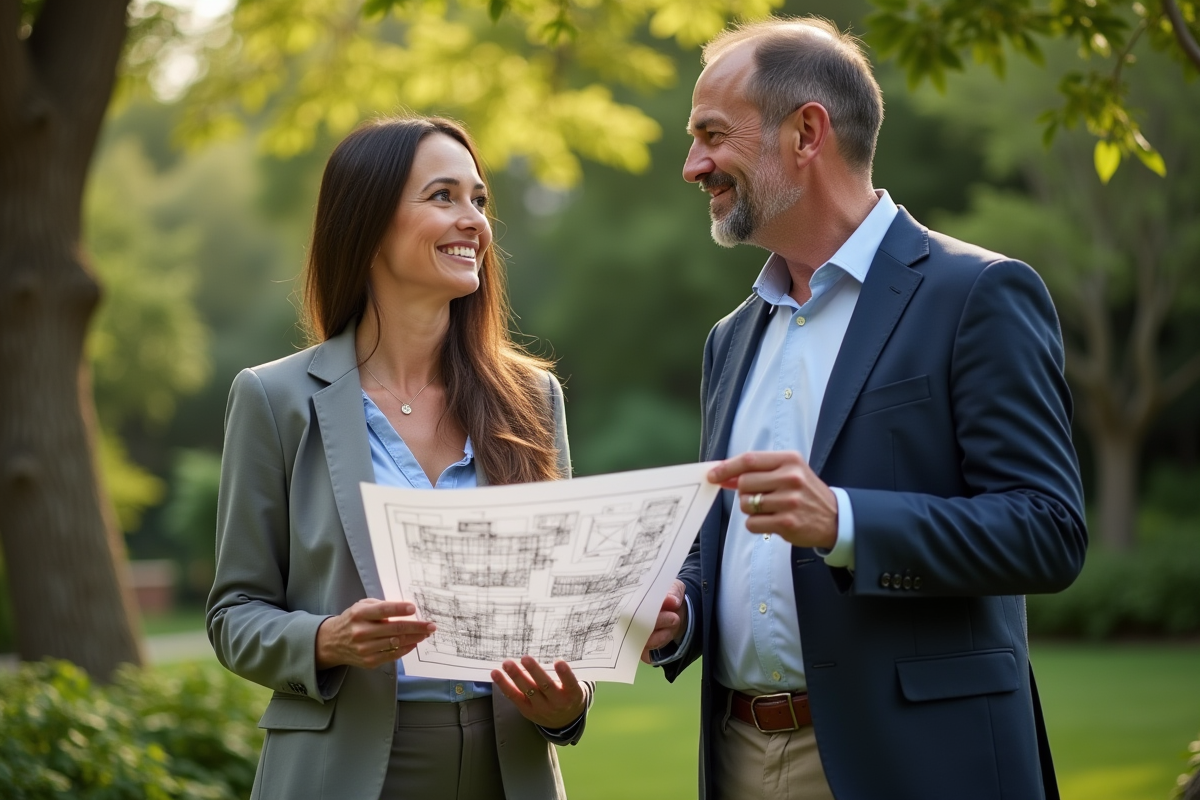 Architecte paysagiste en discussion avec un couple dans un jardin luxuriant
