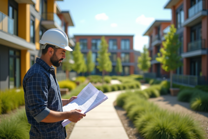 Architecte paysagiste en extérieur avec plans sur un chantier moderne