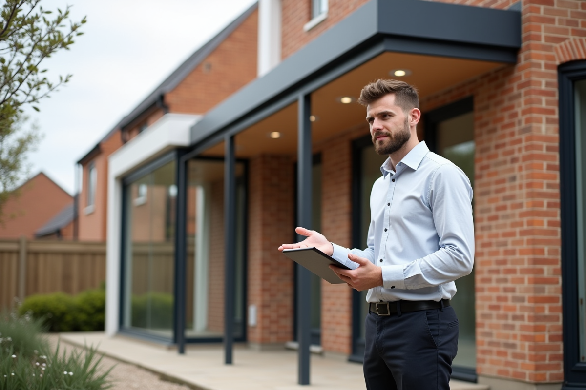 Jeune architecte devant une véranda en briques neuve