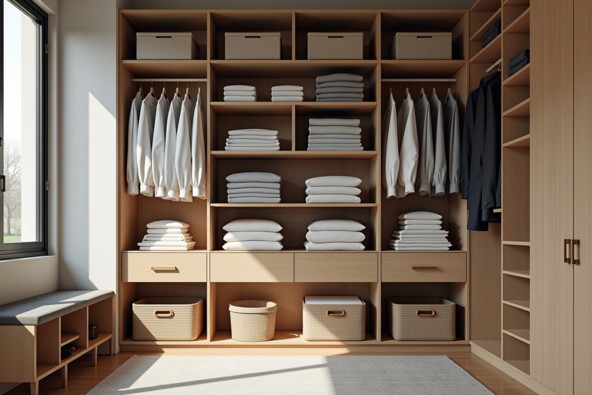 Armoire moderne bien organisée avec vêtements pliés et suspendus