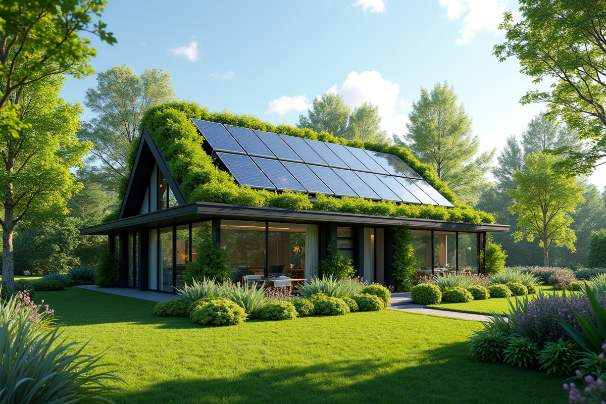 Bâtiment écologique avec toit vert et panneaux solaires