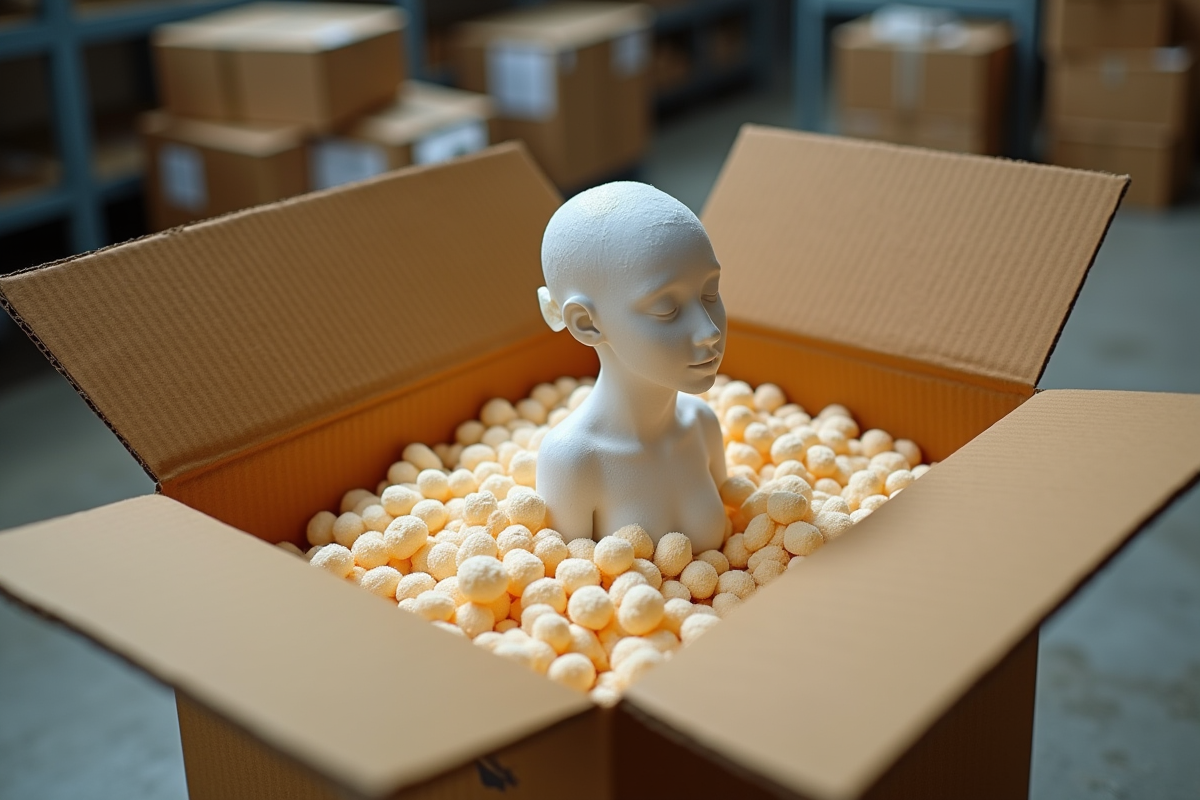 Gros plan sur une boîte en carton avec sculpture fragile et rembourrage