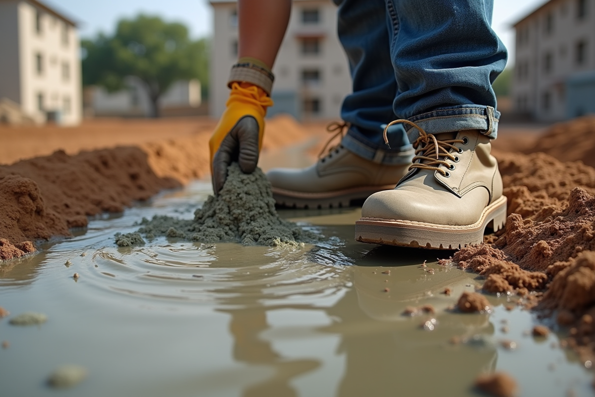 Bottes de chantier pressant le ciment frais au sol