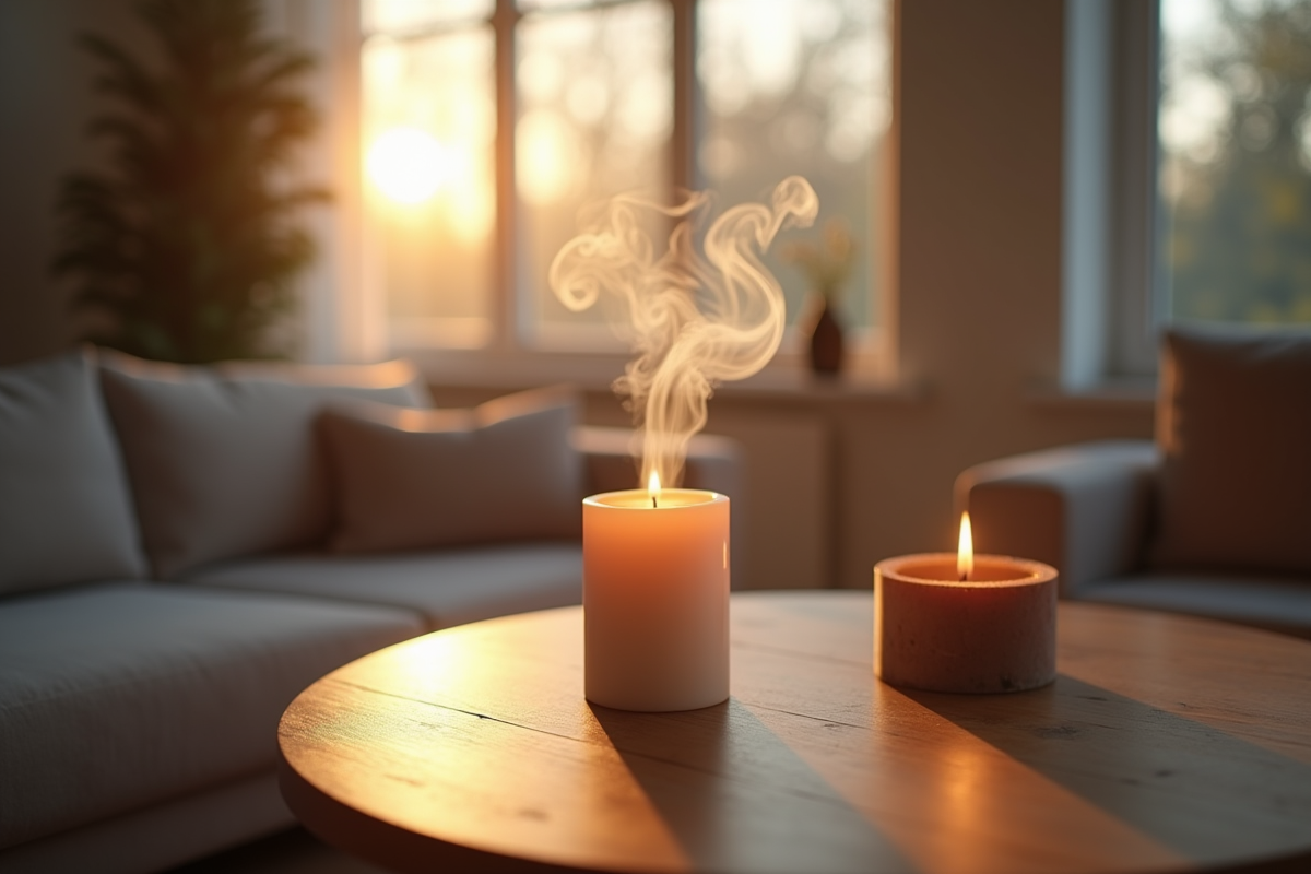 Bougie allumée sur une table en bois dans un salon lumineux