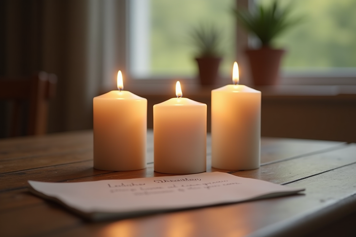 Trois bougies blanches allumées sur une table en bois avec lumière douce