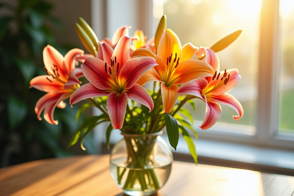 Bouquet de lys colorés dans un vase sur une table en bois