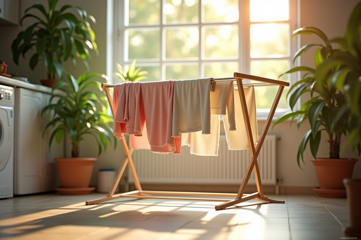 Buanderie lumineuse avec linge suspendu près d'une fenêtre