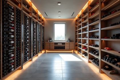 Cave à vin moderne avec étagères lumineuses et sol gris clair