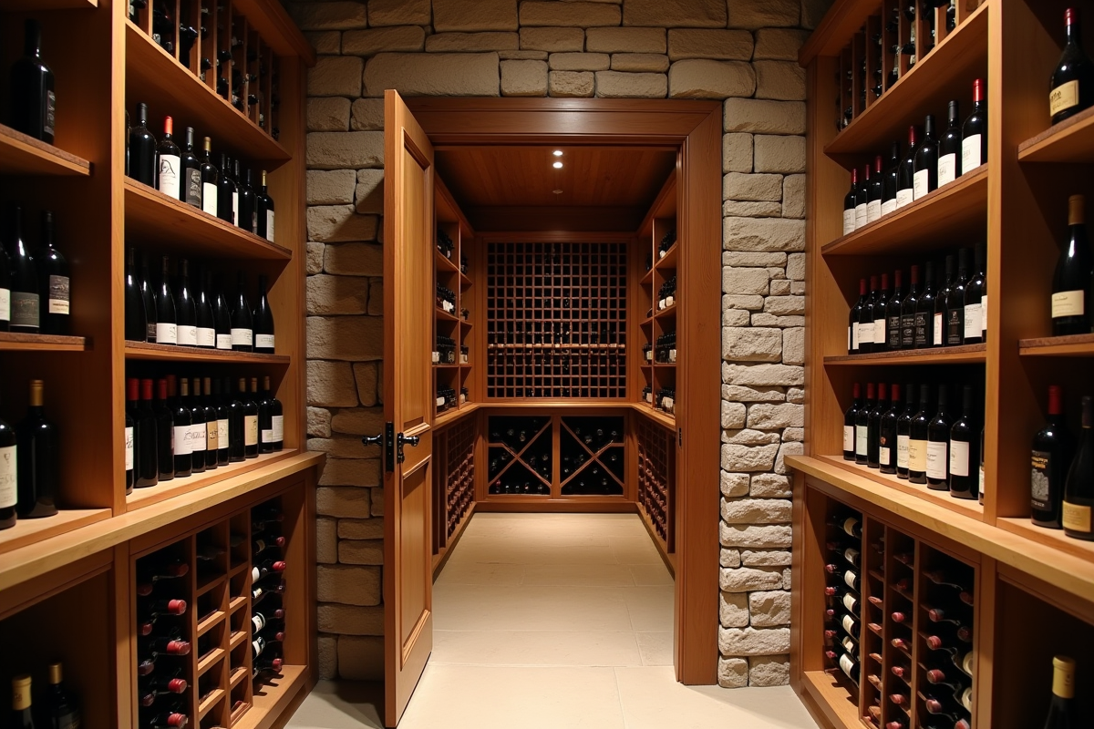 Cave à vin moderne avec étagères en bois et lumière naturelle