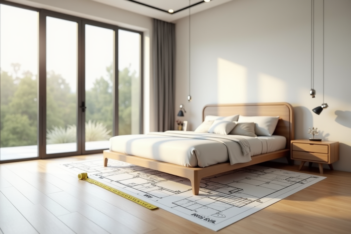 Chambre moderne lumineuse avec plan et mesures visibles