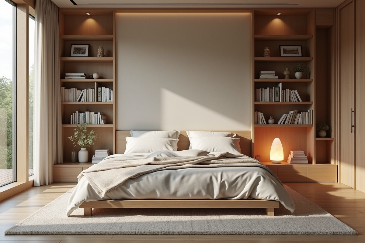 Chambre lumineuse avec grand fenêtres et lampes de sel