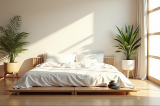 Chambre zen minimaliste avec futon et plantes