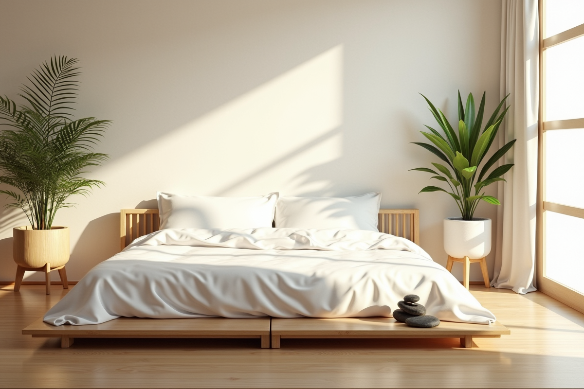 Chambre zen minimaliste avec futon et plantes