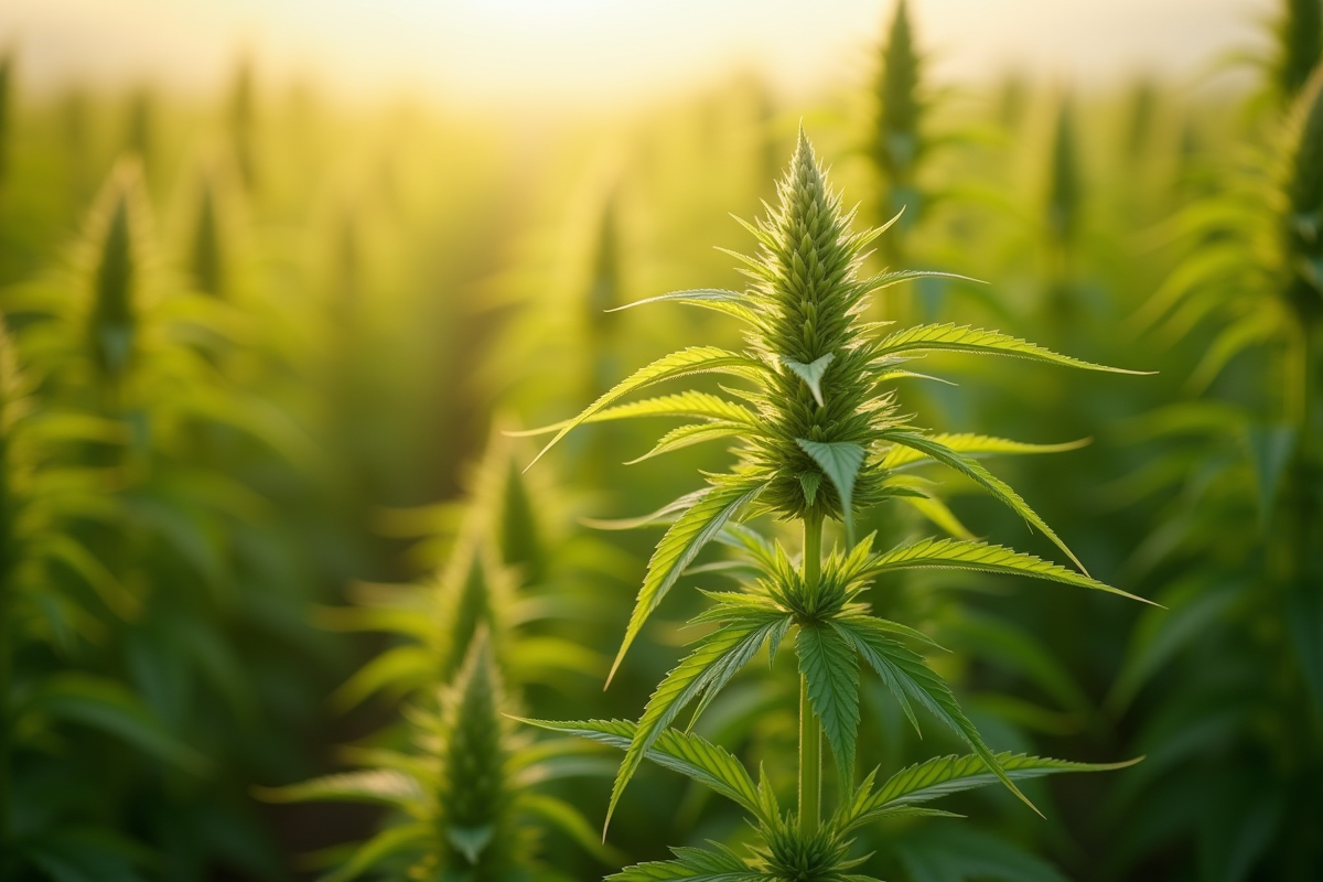 Plants de chanvre verts en champ ensoleille