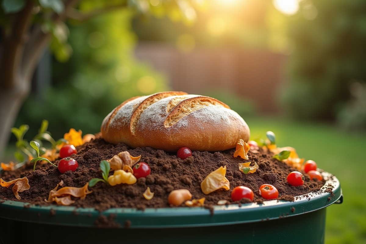 Tas de compost ensoleille avec pain sur le dessus