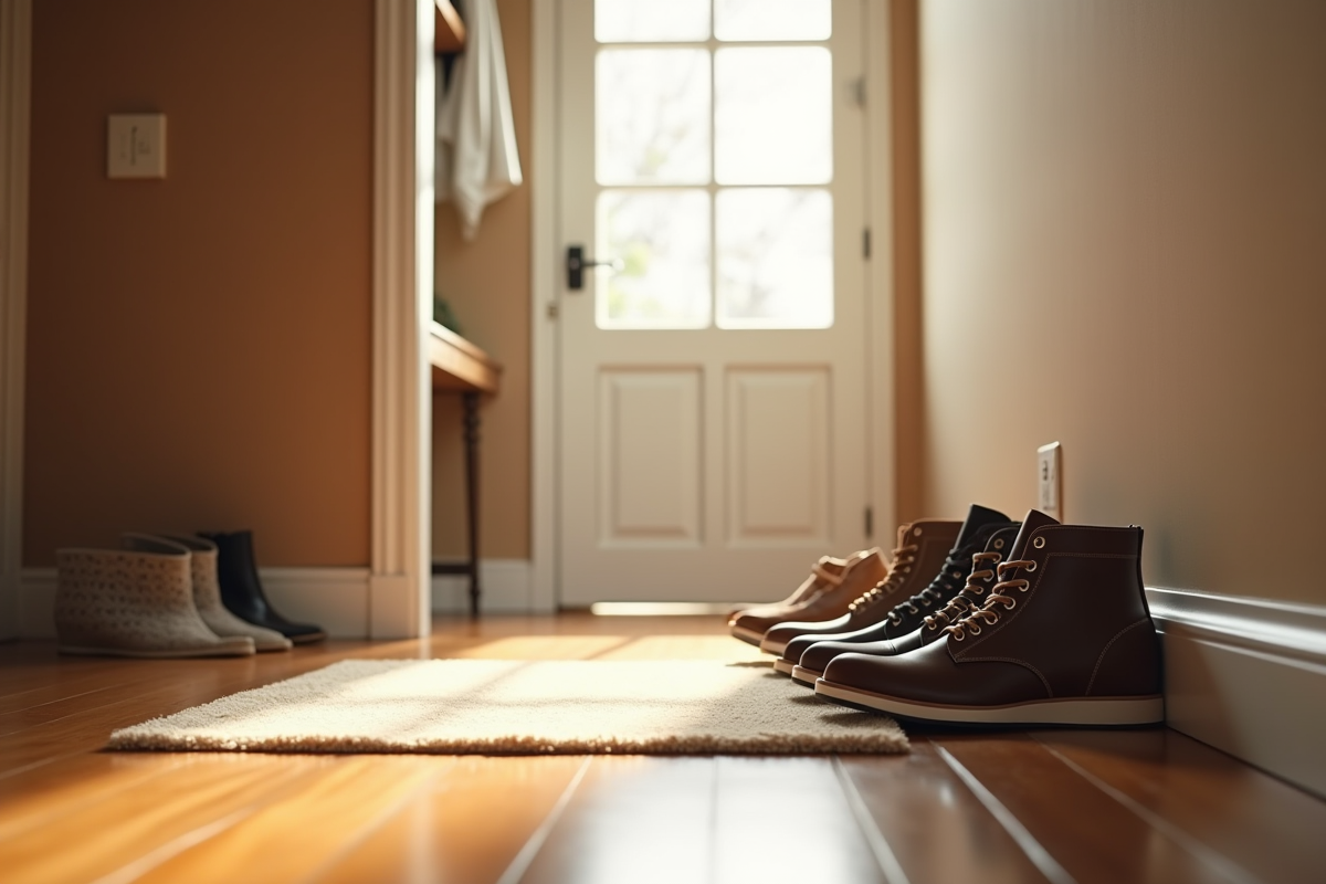 Couloir lumineux avec rangée de chaussures propres