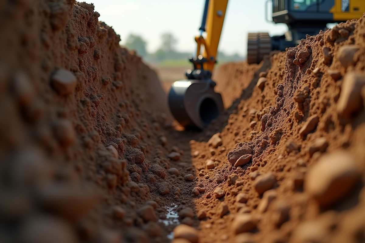 Zoom sur les couches de sol dans une tranchée profonde excavée par une mini excavatrice