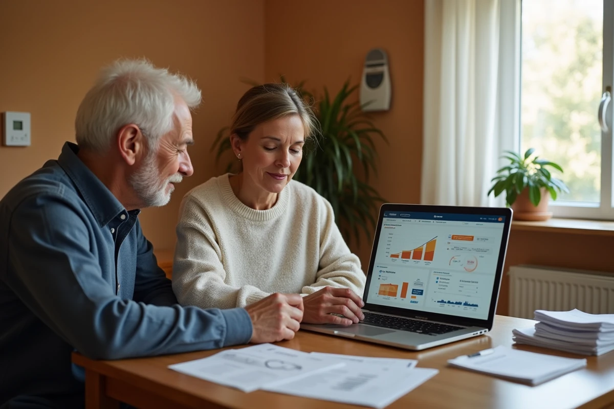 Couple consultant des graphiques de consommation énergétique sur ordinateur pour estimer les économies d'une pompe à chaleur