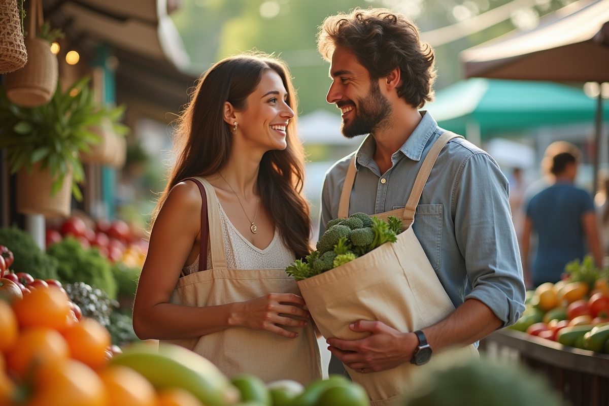 Jeune couple au marché avec sacs réutilisables et fruits frais