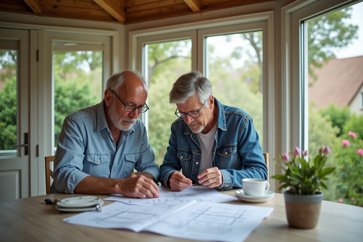 Couple français examine des plans dans une véranda lumineuse