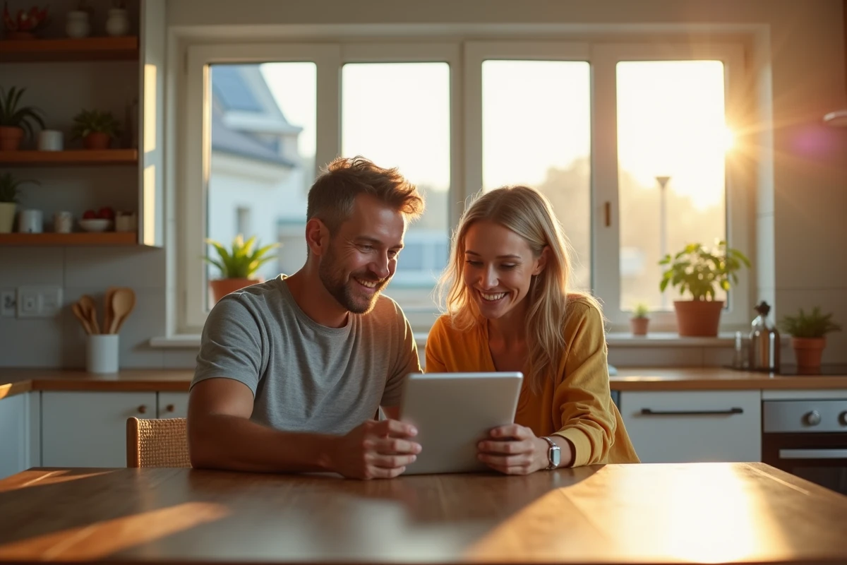 Couple regardant une tablette dans une cuisine lumineuse avec vue sur panneaux solaires
