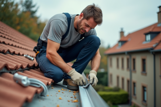 Couvreur middle aged appliquant colle zinc gouttiere