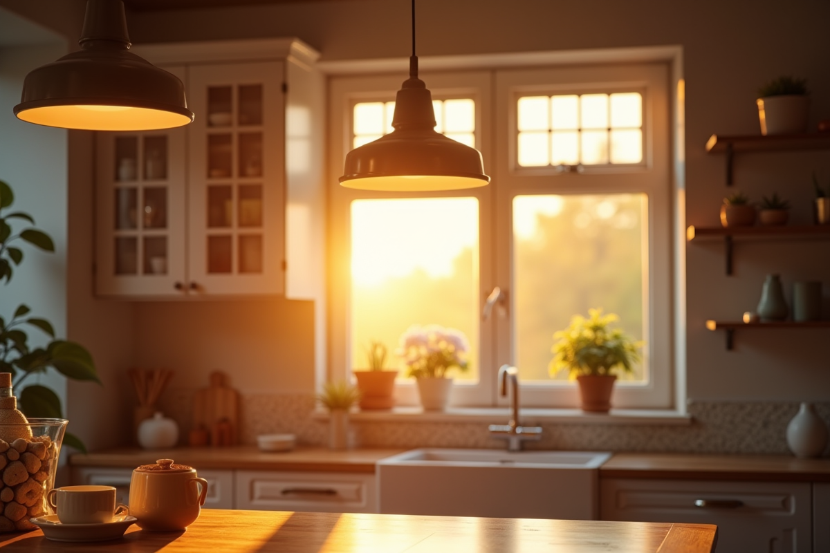 Cuisine chaleureuse avec lampe suspendue et lumière naturelle