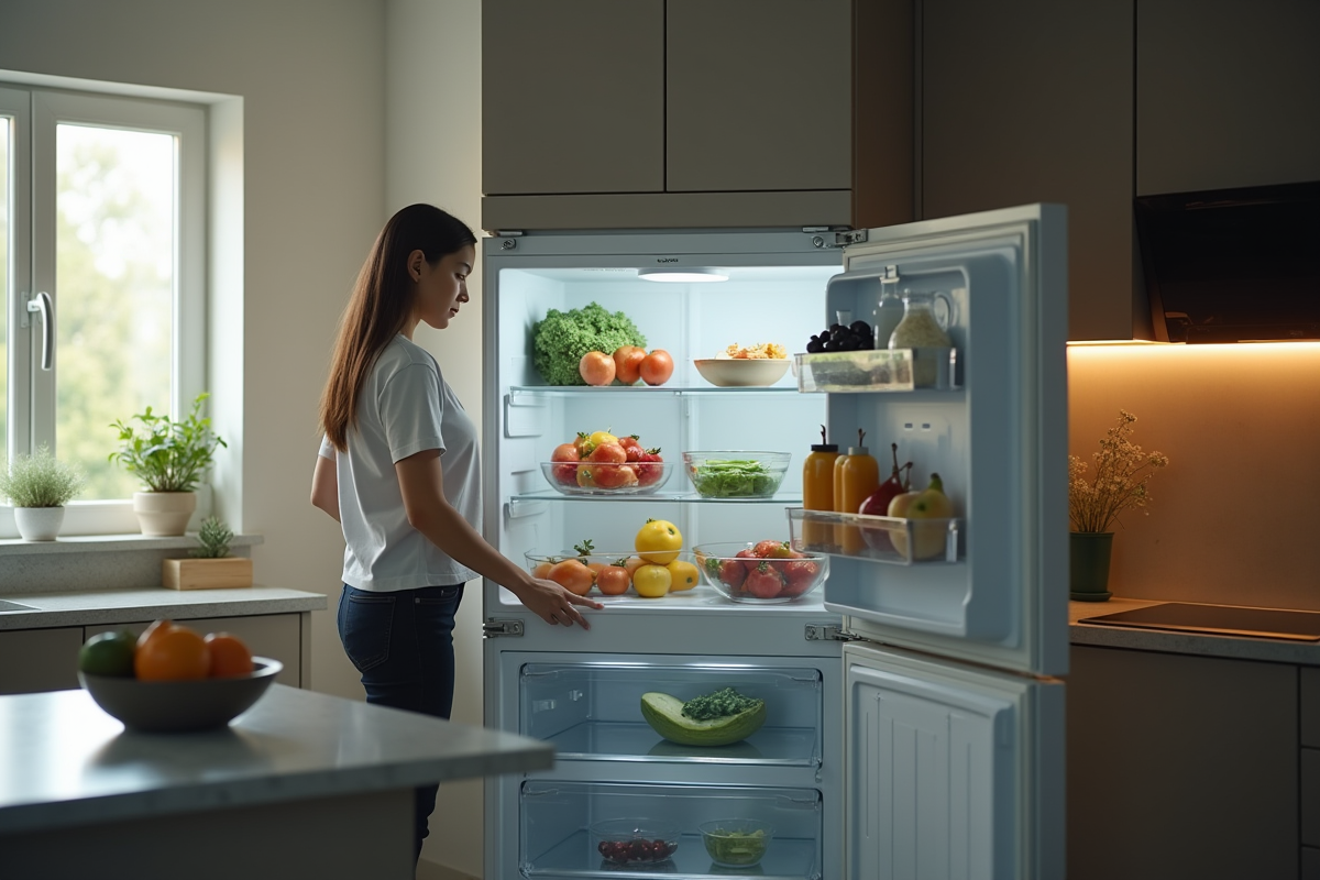 Cuisine moderne avec un réfrigérateur vide et givré
