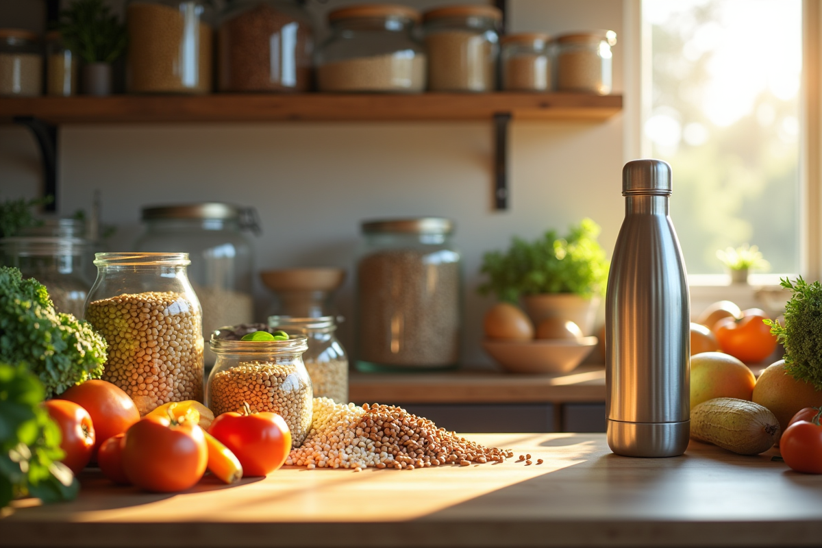 Cuisine zéro déchet avec bocaux et légumes frais sur plan