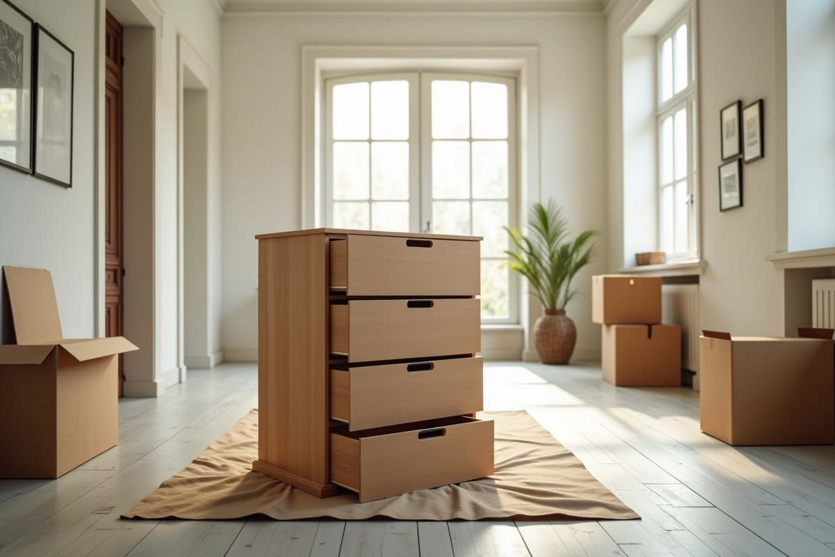 Commode démontée et emballée dans un couloir lumineux avec cartons