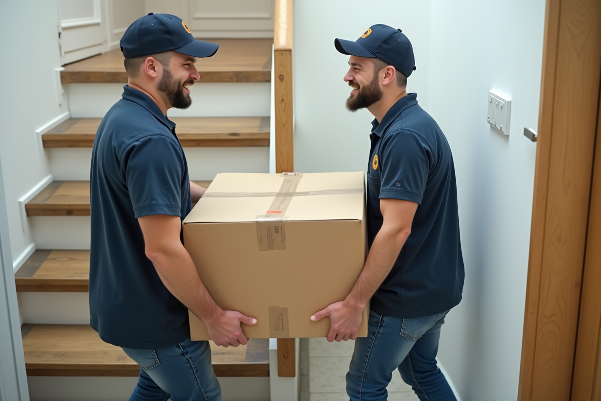 Deux déménageurs portant une grande boîte en carton dans une maison lumineuse