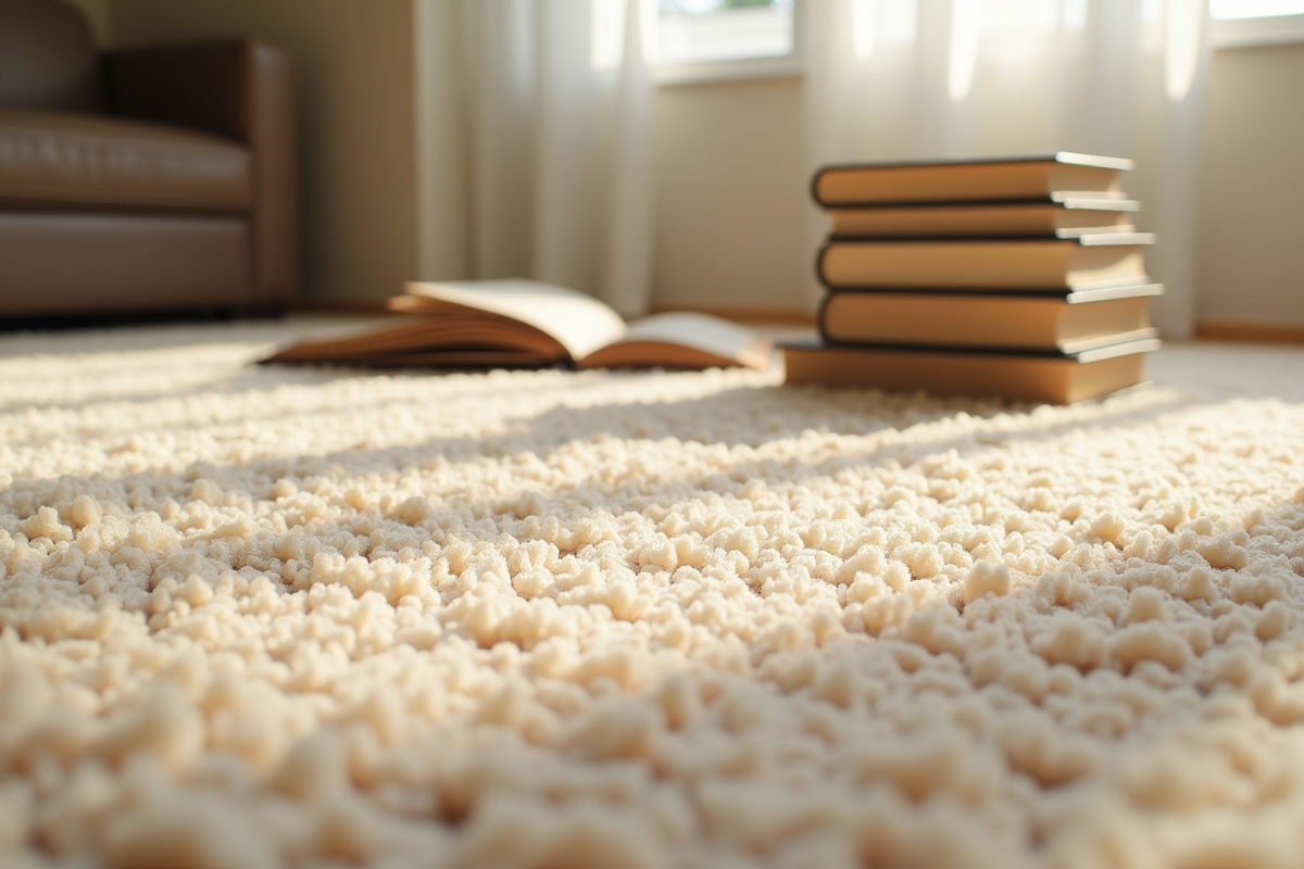 Zoom sur un tapis beige avec livres en relief