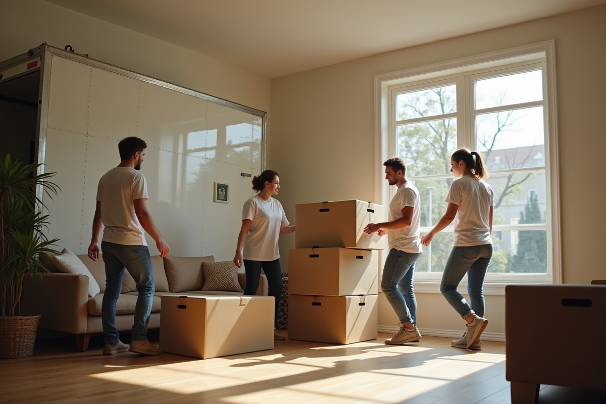 Bénévoles transportant des meubles d'une salle moderne