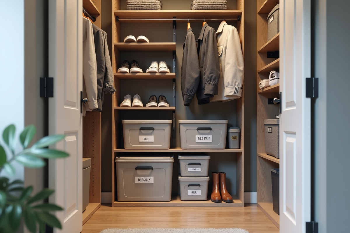 Petite armoire de couloir avec rangements et chaussures visibles
