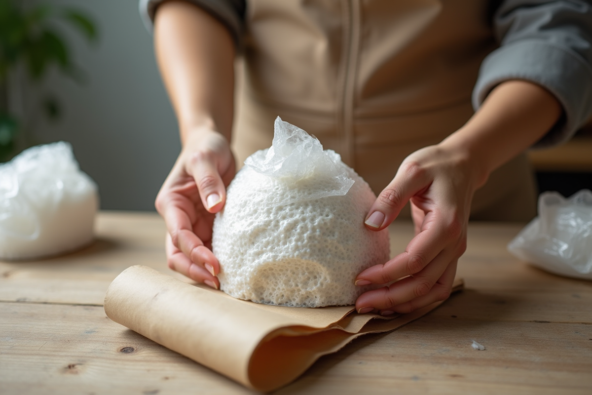 Mains enveloppant une sculpture en céramique fragile avec du papier bulle