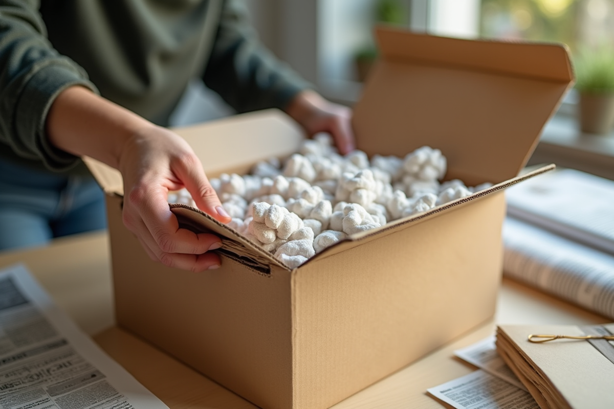 Colis en carton rempli de papier recyclé et de billes biodégradables