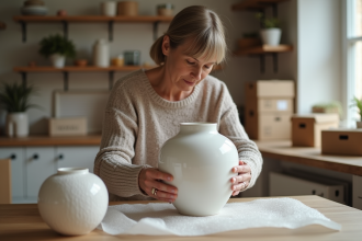 Femme emballant une porcelaine délicate dans une cuisine chaleureuse