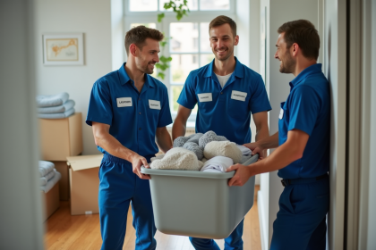 Groupe de déménageurs professionnels portant uniformes bleus lors d'un déménagement intérieur