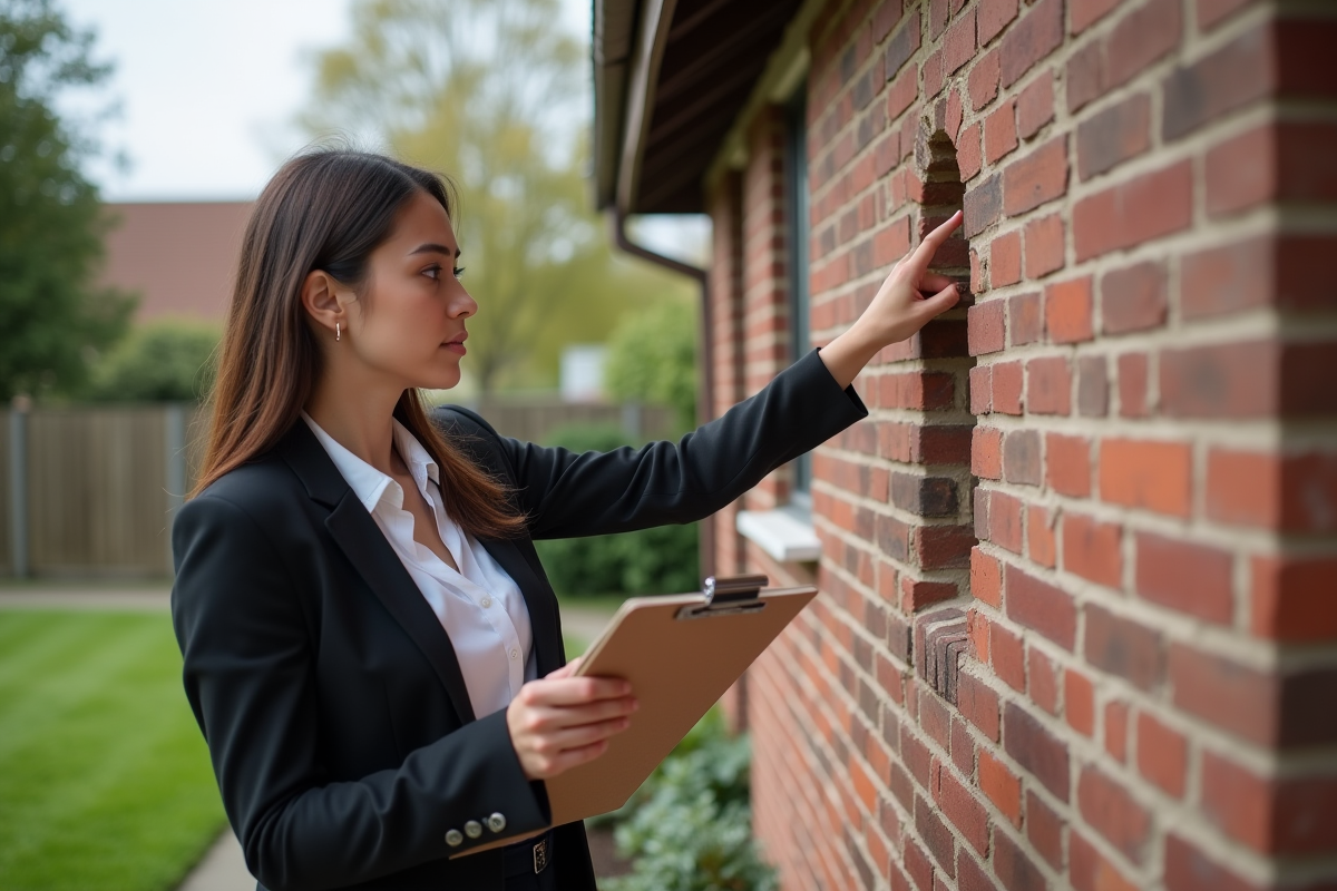 Jeune femme en tenue professionnelle montrant une fissure extérieure