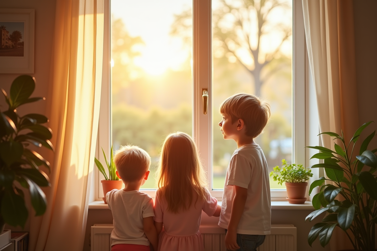 Famille ouvrant la fenetre dans un appartement lumineux