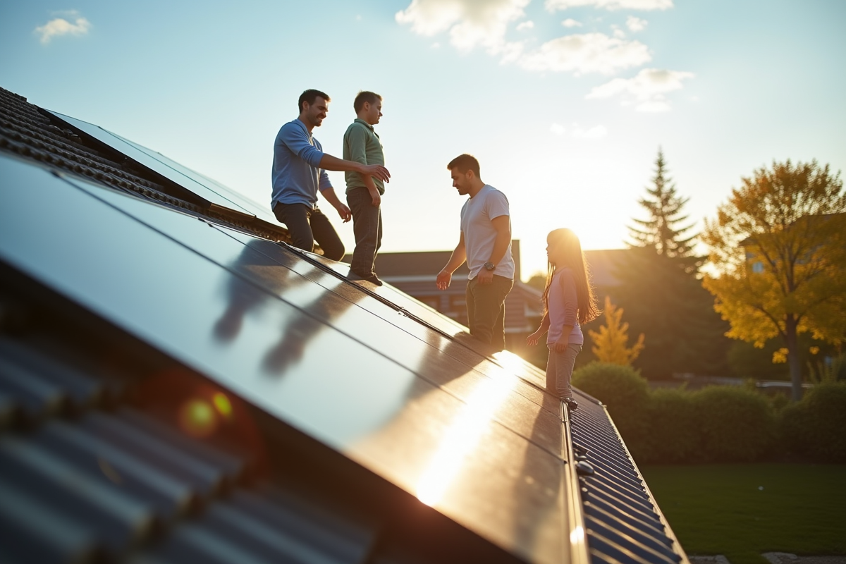 Famille moderne installant des panneaux solaires sur leur maison