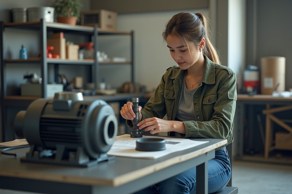 Jeune femme assemble une pompe à sable dans un atelier lumineux