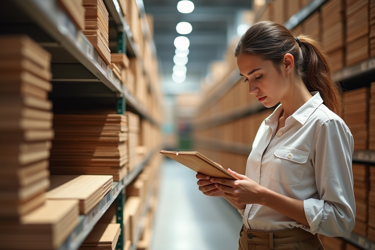Jeune femme comparant des lames de parquet dans un magasin