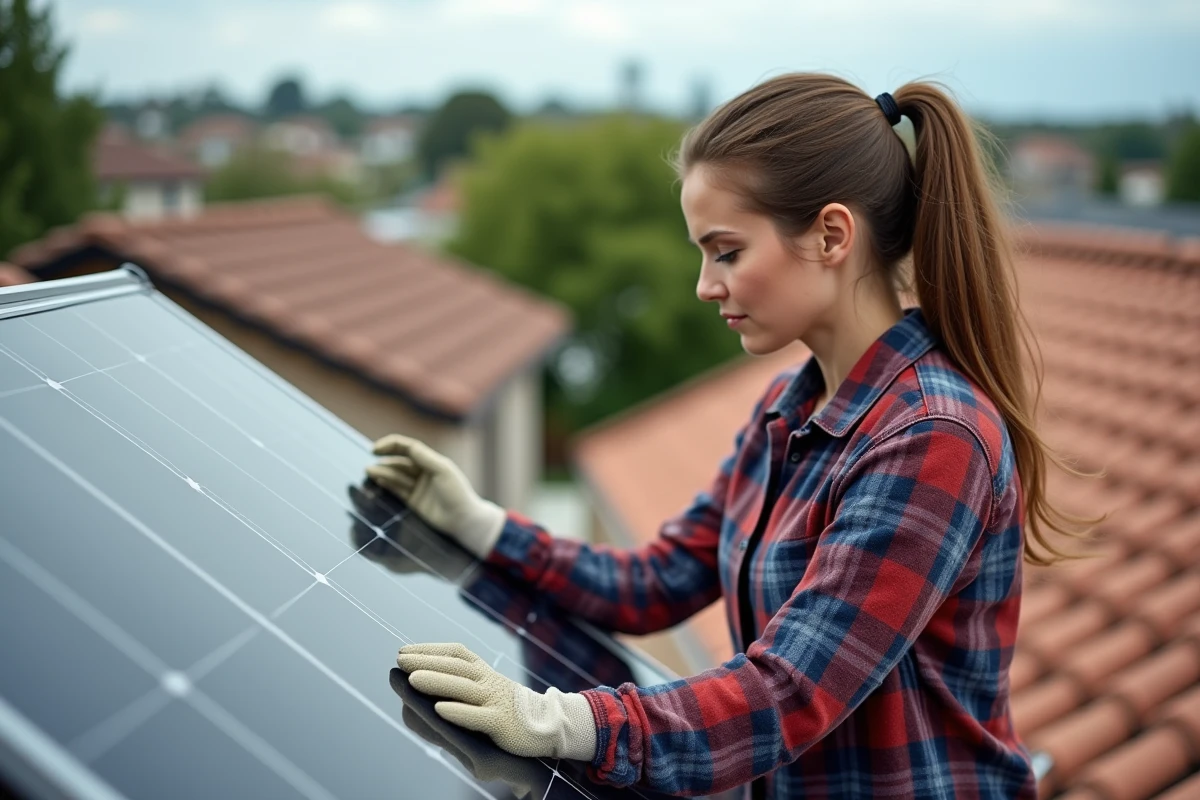 Femme installant des panneaux solaires sur un toit résidentiel