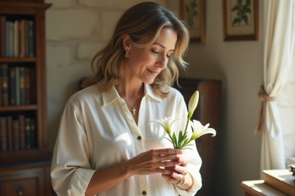 Femme méditative tenant un lys blanc dans un intérieur lumineux