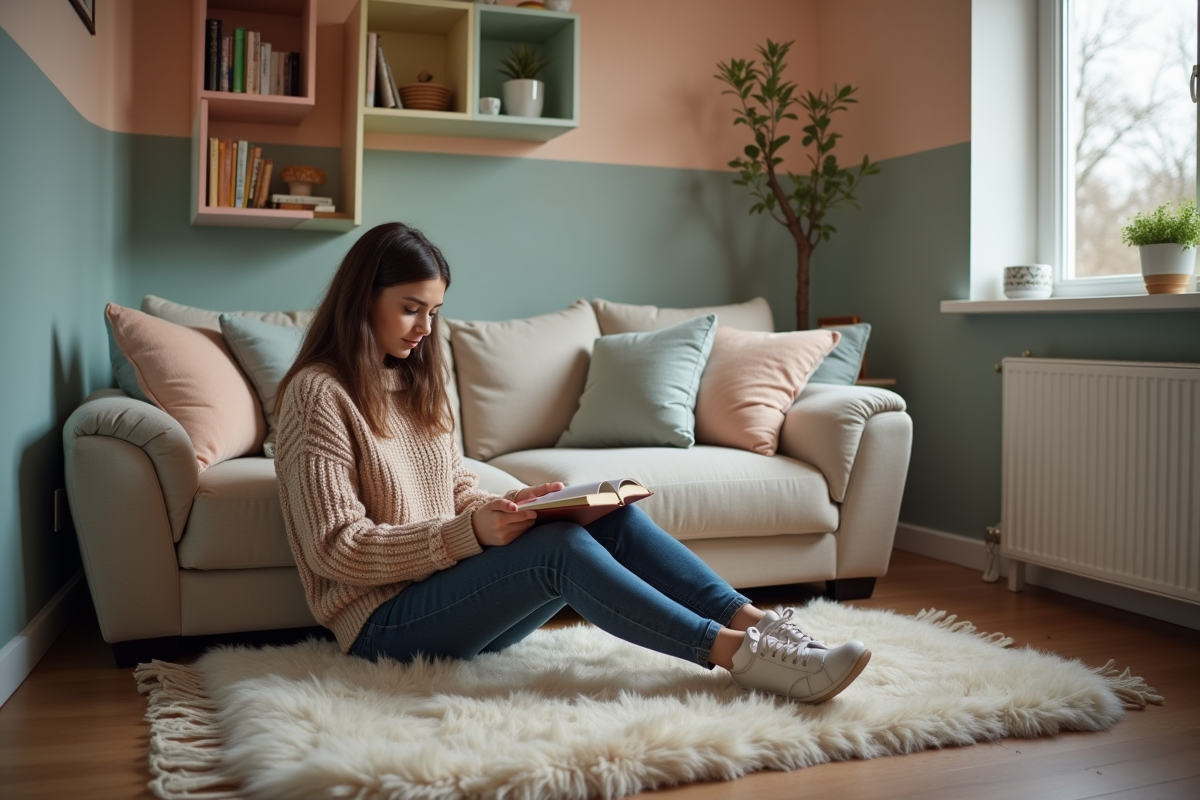 Jeune femme lisant dans un sous-sol aménage avec canapé
